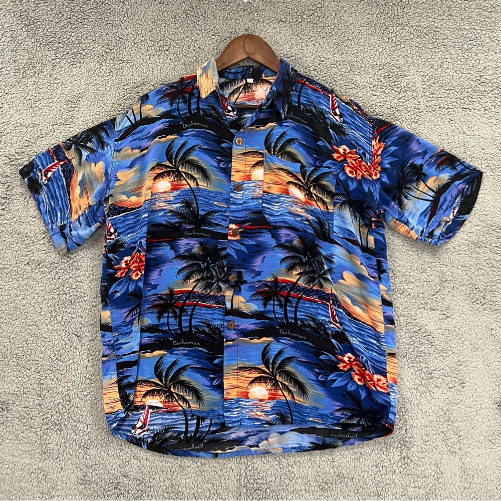 Hawaiian Button Shirt Bahamas Floral Tree Print Blue Men Size XL